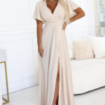 581-6 JENNIFER długa suknia z rozcięciem na nogę, rękawkiem i dekoltem - BEŻOWA-1