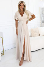 581-6 JENNIFER długa suknia z rozcięciem na nogę, rękawkiem i dekoltem - BEŻOWA-1