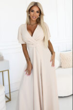 581-6 JENNIFER długa suknia z rozcięciem na nogę, rękawkiem i dekoltem - BEŻOWA-3