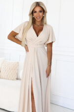 581-6 JENNIFER długa suknia z rozcięciem na nogę, rękawkiem i dekoltem - BEŻOWA-5