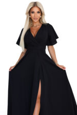 581-7 JENNIFER długa suknia z rozcięciem na nogę, rękawkiem i dekoltem - czarna-9