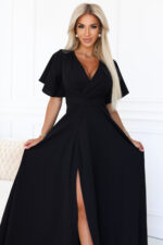 581-7 JENNIFER długa suknia z rozcięciem na nogę, rękawkiem i dekoltem - czarna-4