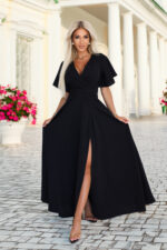 581-7 JENNIFER długa suknia z rozcięciem na nogę, rękawkiem i dekoltem - czarna-6