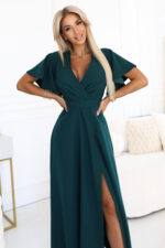 581-8 JENNIFER długa suknia z rozcięciem na nogę, rękawkiem i dekoltem - zieleń butelkowa-3