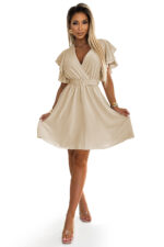586-1 Kobieca sukienka z kopertowym dekoltem, rękawkiem i paskiem - BEŻOWA-5