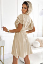 586-1 Kobieca sukienka z kopertowym dekoltem, rękawkiem i paskiem - BEŻOWA-2