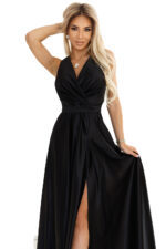 587-2 MONIQUE długa ekskluzywna satynowa suknia z dekoltem i rozcięciem na nogę - CZARNA-8