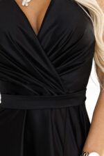 587-2 MONIQUE długa ekskluzywna satynowa suknia z dekoltem i rozcięciem na nogę - CZARNA-6