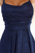 589-2 Długa sukienka z subtelnym połyskiem i gorsetowym wiązaniem na plecach - granatowa z brokatem-7