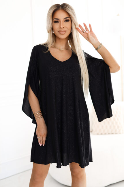 597-1 LIVIA Elegancka trapezowa sukienka z rękawami typu motyl - czarna z brokatem-1