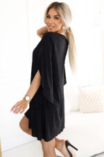 597-1 LIVIA Elegancka trapezowa sukienka z rękawami typu motyl - czarna z brokatem-3