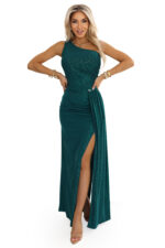 600-2 SELENA połyskująca długa sukienka na jedno ramię z rozcięciem - zielona z brokatem-8
