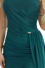 600-2 SELENA połyskująca długa sukienka na jedno ramię z rozcięciem - zielona z brokatem-6