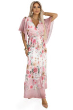 603-4 Zwiewna maxi sukienka z kopertowym dekoltem i kwiecistym wzorem - RÓŻOWE RÓŻE-9