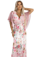 603-4 Zwiewna maxi sukienka z kopertowym dekoltem i kwiecistym wzorem - RÓŻOWE RÓŻE-10