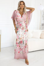 603-4 Zwiewna maxi sukienka z kopertowym dekoltem i kwiecistym wzorem - RÓŻOWE RÓŻE-2