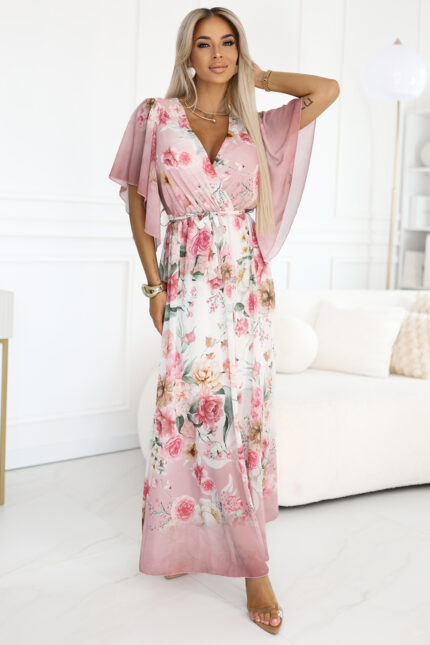 603-4 Zwiewna maxi sukienka z kopertowym dekoltem i kwiecistym wzorem - RÓŻOWE RÓŻE-2