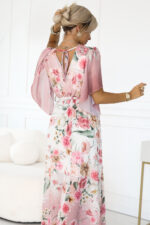 603-4 Zwiewna maxi sukienka z kopertowym dekoltem i kwiecistym wzorem - RÓŻOWE RÓŻE-7
