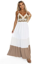 612-1 Długa beżowo-biała sukienka na ramiączkach z szydełkową górą - boho-11