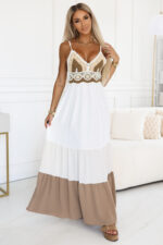612-1 Długa beżowo-biała sukienka na ramiączkach z szydełkową górą - boho-6