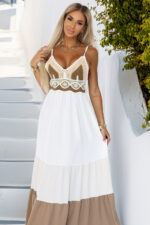 612-1 Długa beżowo-biała sukienka na ramiączkach z szydełkową górą - boho-7