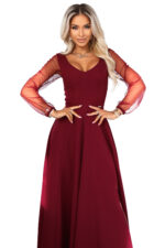 640-1 LORETTA wyjątkowa długa sukienka z tiulowymi rękawkami i dekoltem - bordowa-7