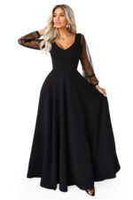 640-2 LORETTA wyjątkowa długa sukienka z tiulowymi rękawami i dekoltem - czarna-7