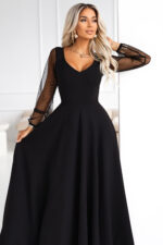 640-2 LORETTA wyjątkowa długa sukienka z tiulowymi rękawami i dekoltem - czarna-5