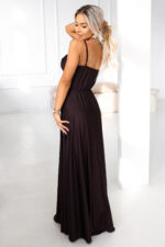 646-1 Długa sukienka wieczorowa na ramiączkach z rozcięciem na nodze - czekoladowy brąz-3