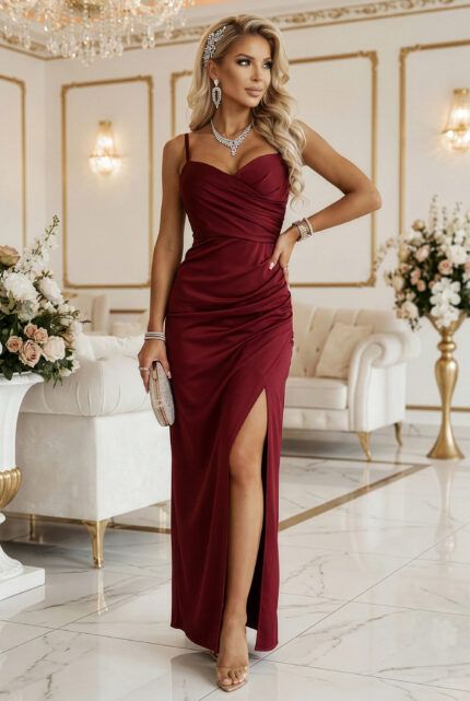 647-1 Dopasowana długa sukienka maxi z kopertowym dekoltem i rozcięciem - bordowa-1