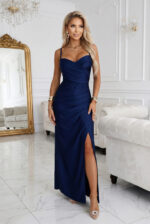 647-2 Dopasowana długa sukienka maxi z kopertowym dekoltem i rozcięciem - granatowa-8