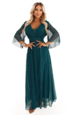 654-1 Długa połyskująca sukienka plus size z dekoltem i transparentnym rękawkiem - zieleń butelkowa-13