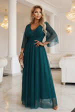 654-1 Długa połyskująca sukienka plus size z dekoltem i transparentnym rękawkiem - zieleń butelkowa-10