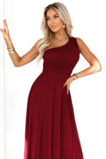 656-1 Długa błyszcząca suknia wieczorowa na jedno ramię - burgund-8