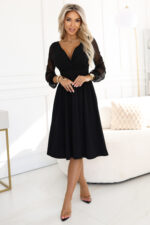 657-1 Elegancka sukienka midi z kopertowym dekoltem i tiulowymi rękawami - czarna-3