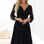 657-1 Elegancka sukienka midi z kopertowym dekoltem i tiulowymi rękawami - czarna-1