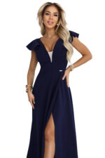660-1 Elegancka sukienka maxi z falbankami, głębokim dekoltem i rozcięciem na nodze - granatowa-13