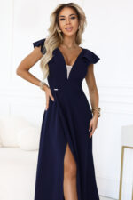 660-1 Elegancka sukienka maxi z falbankami, głębokim dekoltem i rozcięciem na nodze - granatowa-8