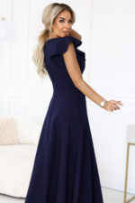 660-1 Elegancka sukienka maxi z falbankami, głębokim dekoltem i rozcięciem na nodze - granatowa-7
