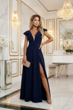 660-1 Elegancka sukienka maxi z falbankami, głębokim dekoltem i rozcięciem na nodze - granatowa-9