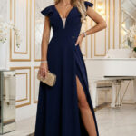660-1 Elegancka sukienka maxi z falbankami, głębokim dekoltem i rozcięciem na nodze - granatowa-1