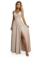 299-20 CHIARA Sukienka maxi na ramiączkach z kopertowym dekoltem i rozcięciem na nodze - szampański beż z brokatem-12