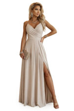 299-20 CHIARA Sukienka maxi na ramiączkach z kopertowym dekoltem i rozcięciem na nodze - szampański beż z brokatem-9