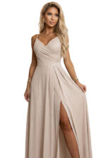 299-20 CHIARA Sukienka maxi na ramiączkach z kopertowym dekoltem i rozcięciem na nodze - szampański beż z brokatem-11