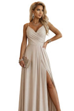 299-20 CHIARA Sukienka maxi na ramiączkach z kopertowym dekoltem i rozcięciem na nodze - szampański beż z brokatem-10