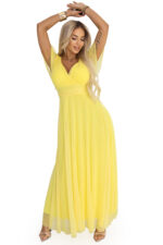 562-8 NASTIA Długa sukienka z dekoltem, wiązaniem i krótkim rękawkiem - cytrynowe limoncello-10