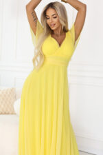 562-8 NASTIA Długa sukienka z dekoltem, wiązaniem i krótkim rękawkiem - cytrynowe limoncello-6