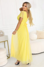 562-8 NASTIA Długa sukienka z dekoltem, wiązaniem i krótkim rękawkiem - cytrynowe limoncello-3