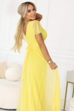 562-8 NASTIA Długa sukienka z dekoltem, wiązaniem i krótkim rękawkiem - cytrynowe limoncello-5