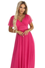 562-9 NASTIA Długa sukienka z dekoltem, wiązaniem i krótkim rękawkiem - malinowy sorbet-8